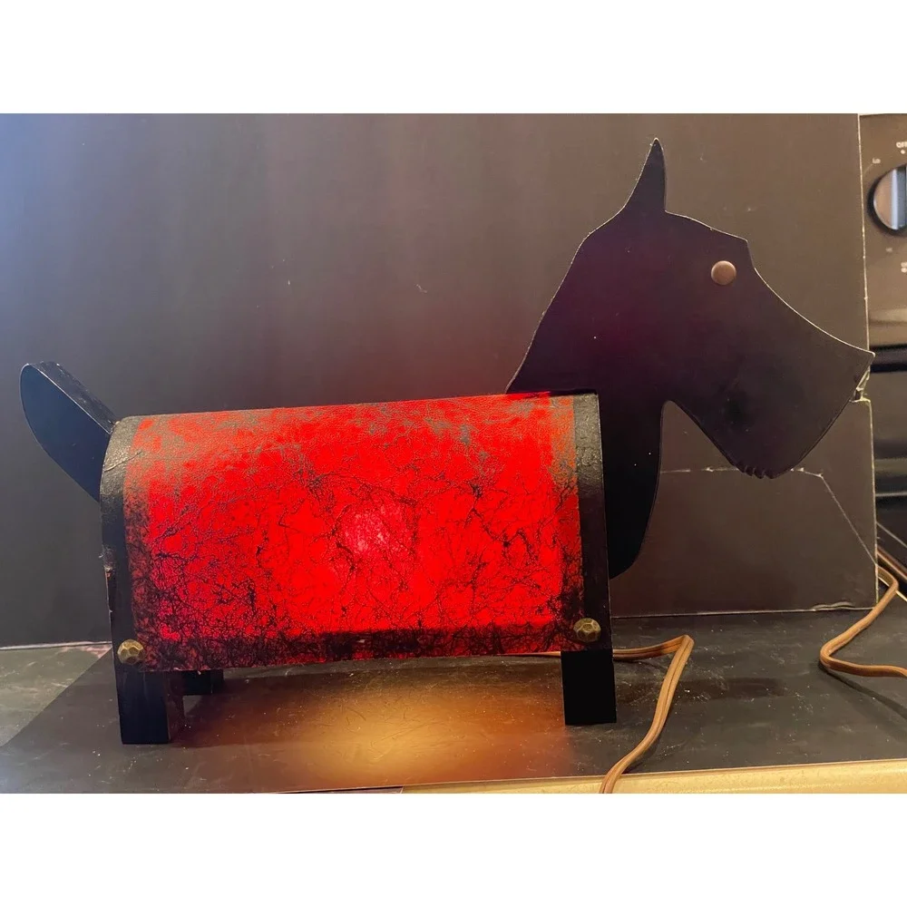 Vintage Scottie Dog Table Lamp Art Deco Scottish Terrier Wood Accent Light Red
